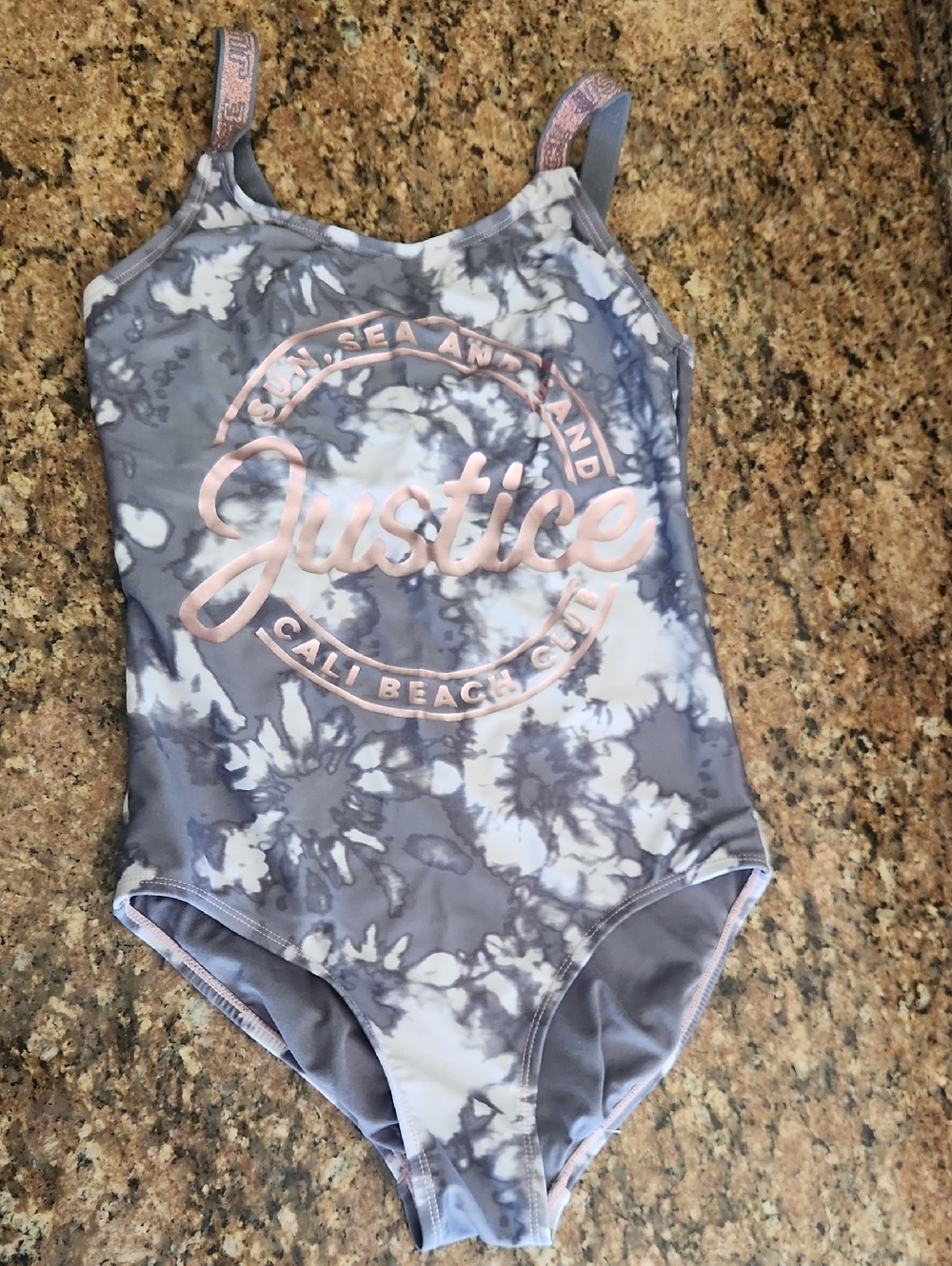 Girls Justice Gray and White Tie-Dye Swimsuit with Rose Pink Logo, Size 14